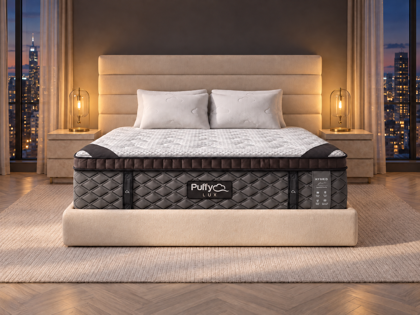 Puffy Lux mattress in a warmly lit bedroom overlooking the evening city skyline